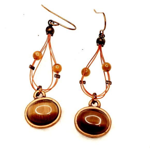 Handmade Brown Cat Eye Glass Copper Earrings Drop Dangle Bohemian Neutral - Picture 1 of 5